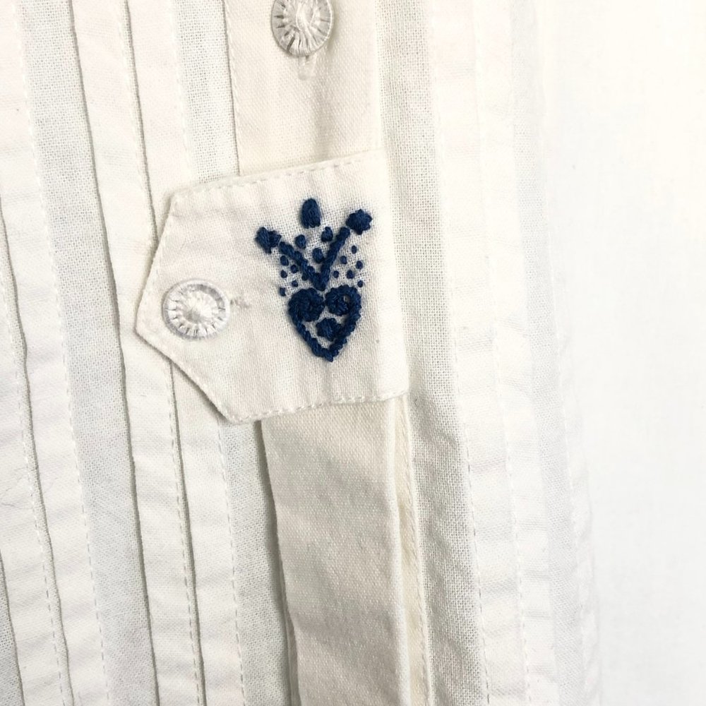 Vintage Gossl Germany Hand Embroidered White Button Down Shirt Blue 38 S - Picture 3 of 8